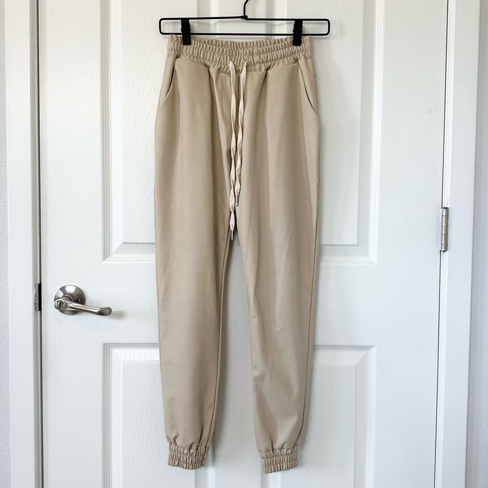 Venti6 Women's Tan Jogger Leather Look Pants Made in Italy